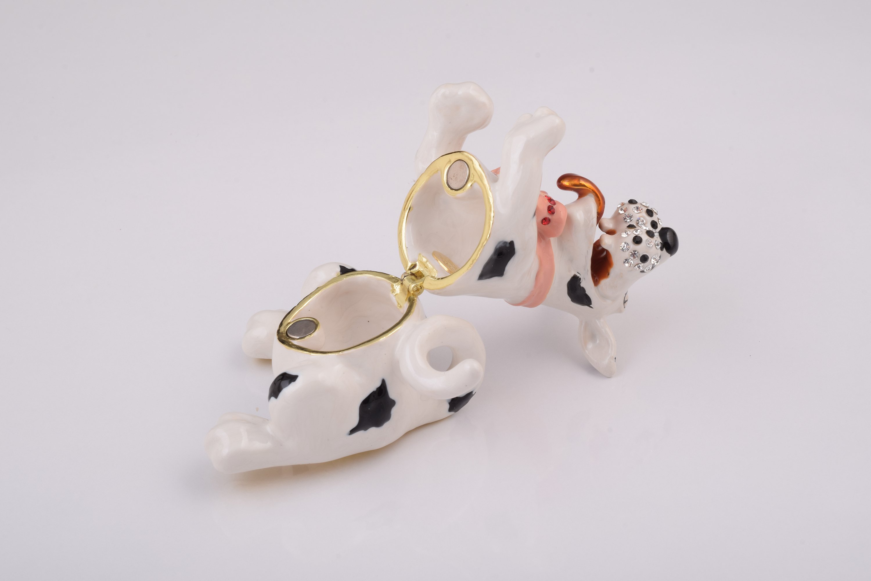 Handcrafted White Dalmatian dog trinket box with Austrian crystals and gold plating, elegantly designed and perfect for storing small treasures.