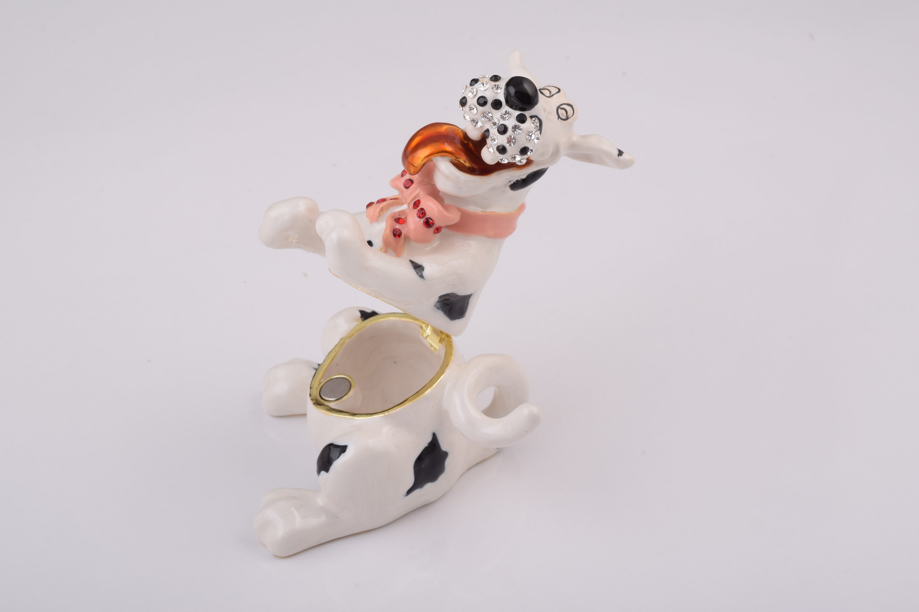 Handcrafted White Dalmatian dog trinket box with Austrian crystals and gold plating, elegantly designed and perfect for storing small treasures.