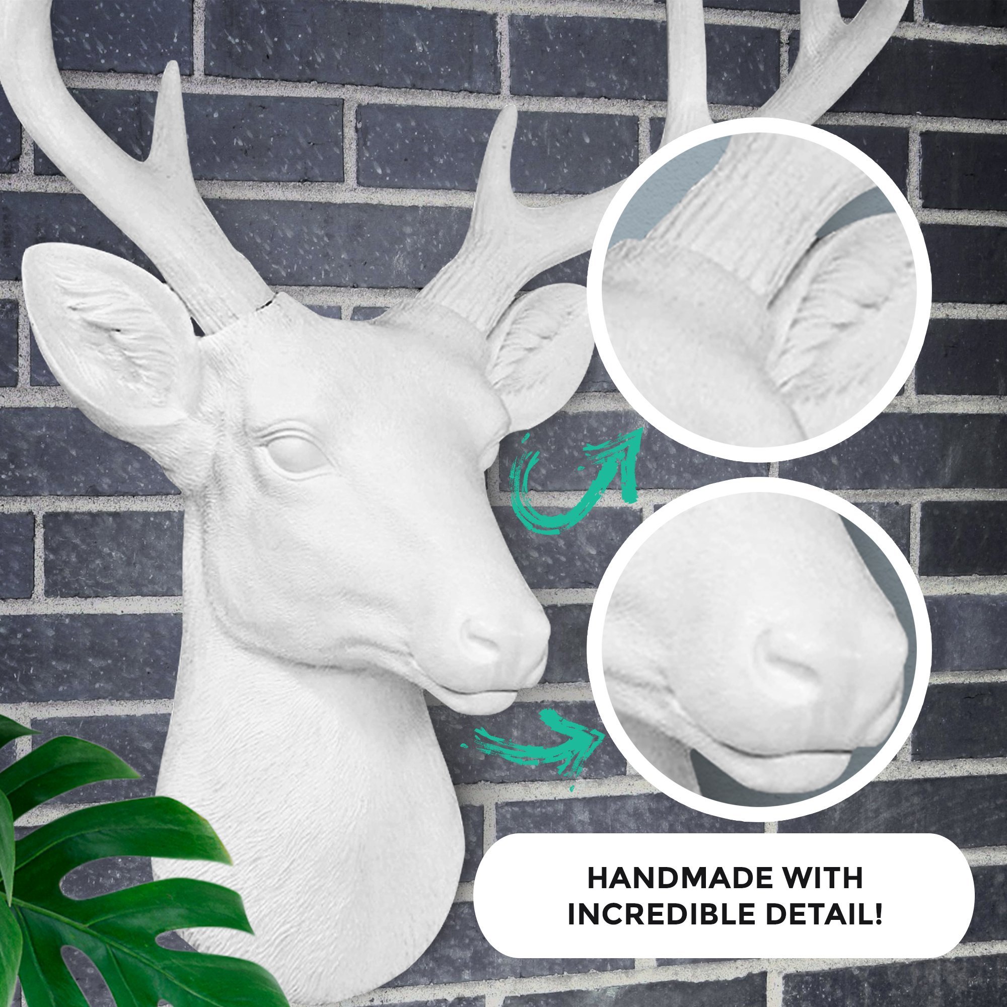 Stylish 21-inch white faux deer head wall decor with antlers, crafted from eco-friendly resin.