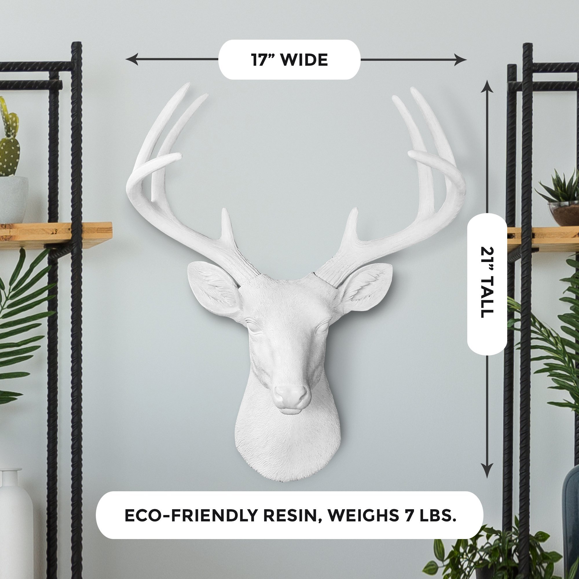 Stylish 21-inch white faux deer head wall decor with antlers, crafted from eco-friendly resin.