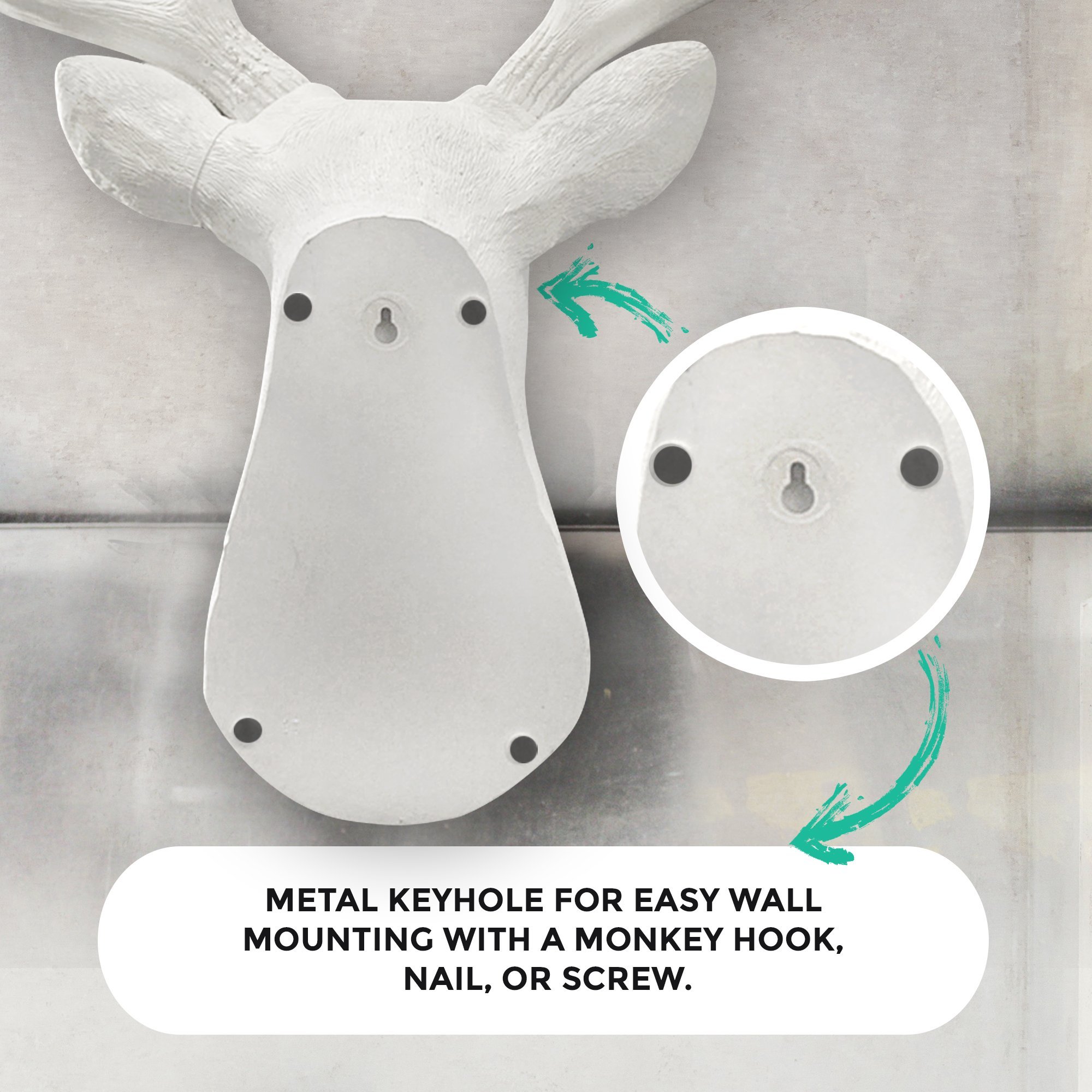 Stylish 21-inch white faux deer head wall decor with antlers, crafted from eco-friendly resin.