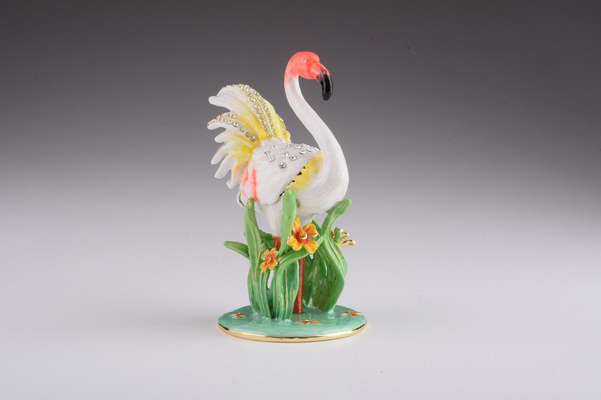 Elegant White Flamingo trinket box with Austrian crystals and gold plating, showcasing intricate enamel work.