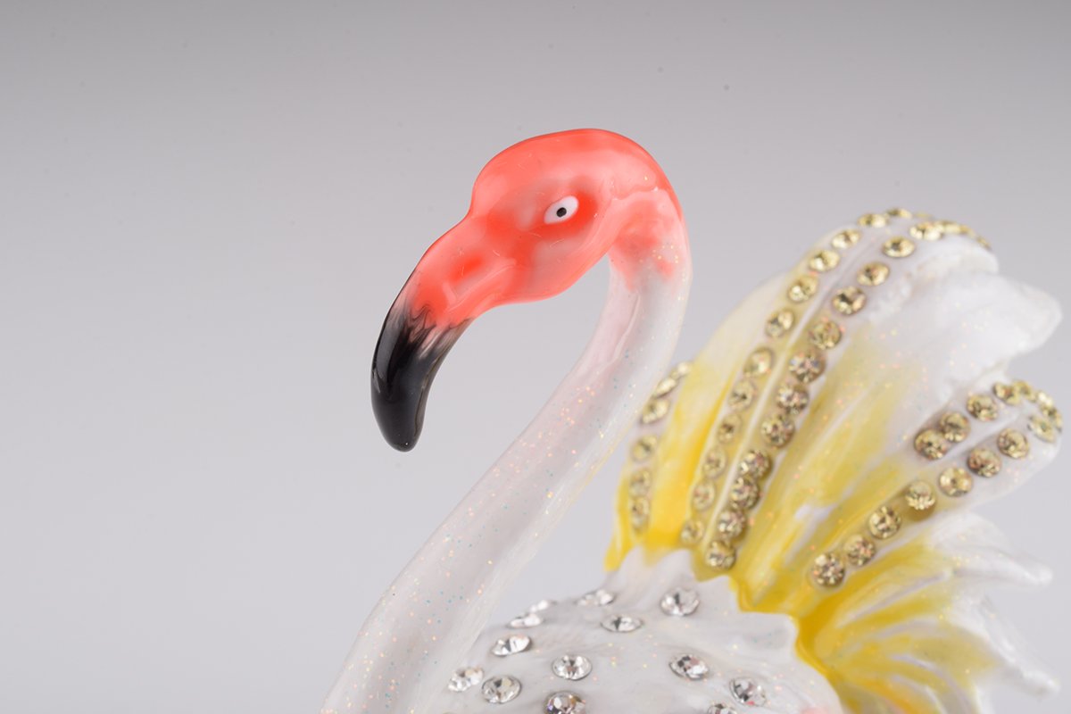 Elegant White Flamingo trinket box with Austrian crystals and gold plating, showcasing intricate enamel work.