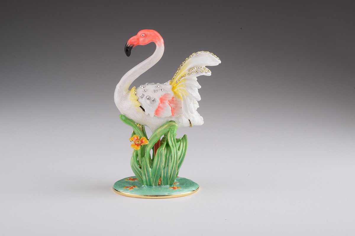 Elegant White Flamingo trinket box with Austrian crystals and gold plating, showcasing intricate enamel work.