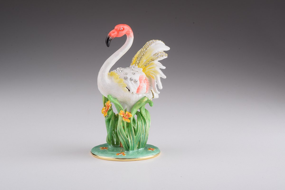 Elegant White Flamingo trinket box with Austrian crystals and gold plating, showcasing intricate enamel work.