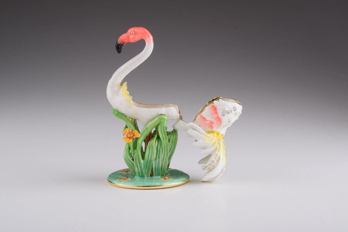 Elegant White Flamingo trinket box with Austrian crystals and gold plating, showcasing intricate enamel work.