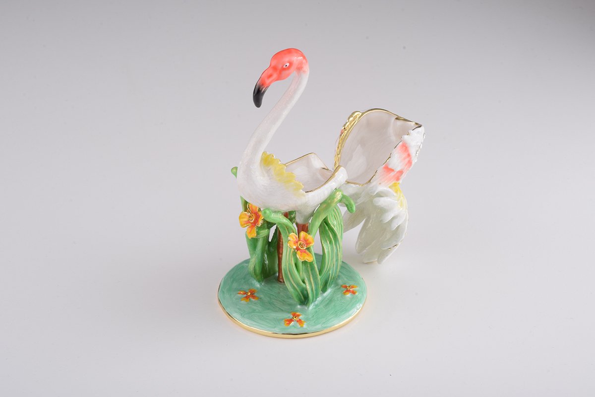 Elegant White Flamingo trinket box with Austrian crystals and gold plating, showcasing intricate enamel work.