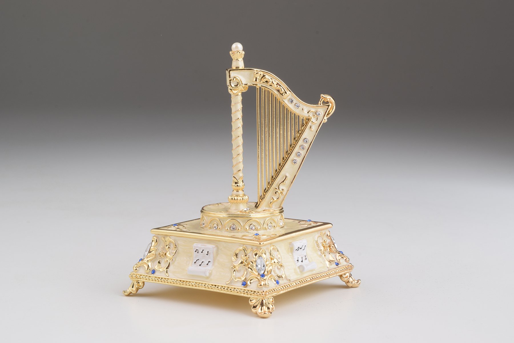 Elegant White Harp trinket box with enamel painting and Austrian crystals, showcasing intricate craftsmanship and luxurious gold or silver plating.