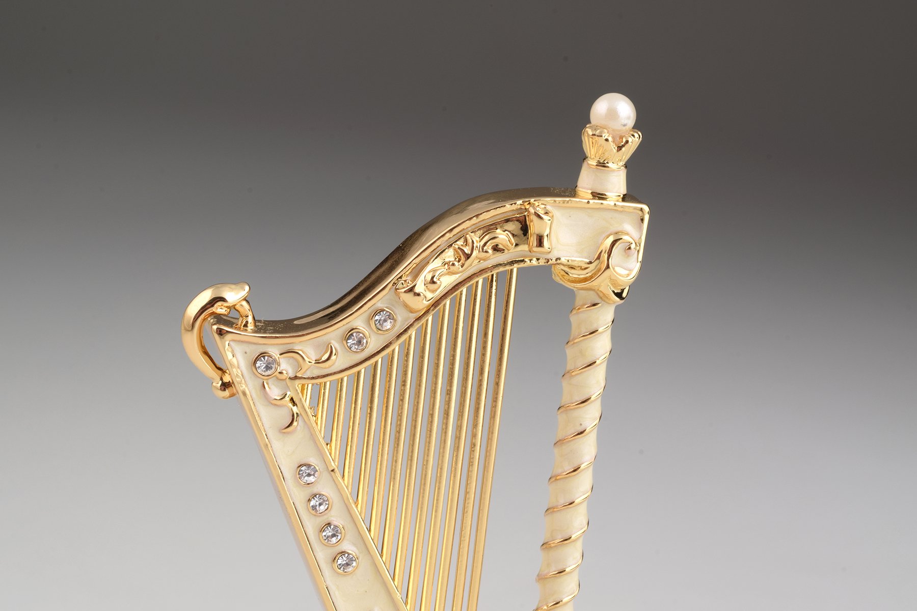 Elegant White Harp trinket box with enamel painting and Austrian crystals, showcasing intricate craftsmanship and luxurious gold or silver plating.