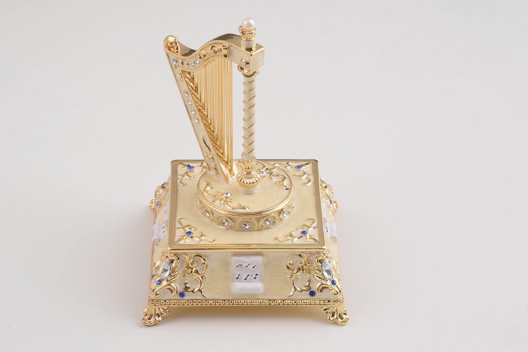 Elegant White Harp trinket box with enamel painting and Austrian crystals, showcasing intricate craftsmanship and luxurious gold or silver plating.