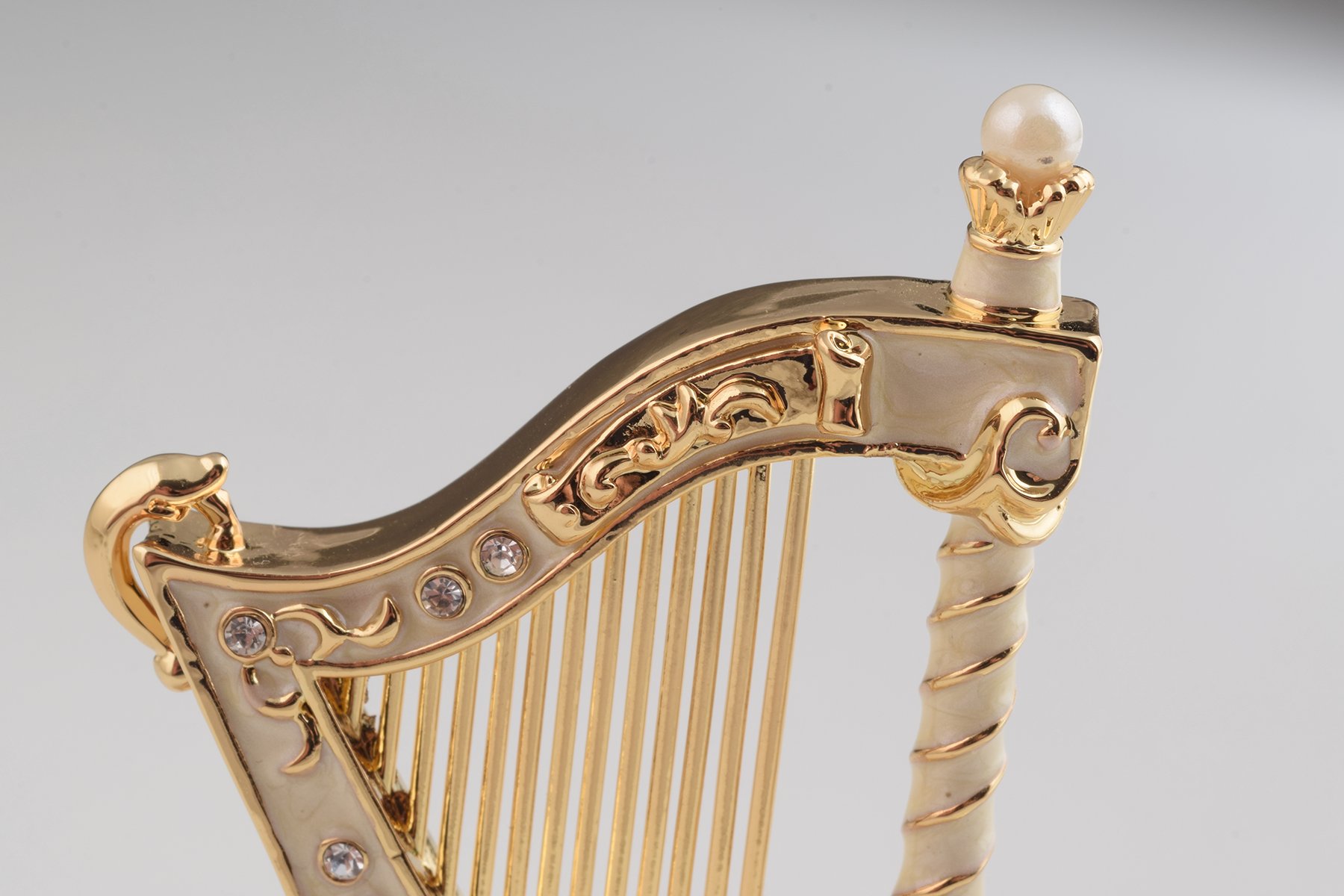 Elegant White Harp trinket box with enamel painting and Austrian crystals, showcasing intricate craftsmanship and luxurious gold or silver plating.