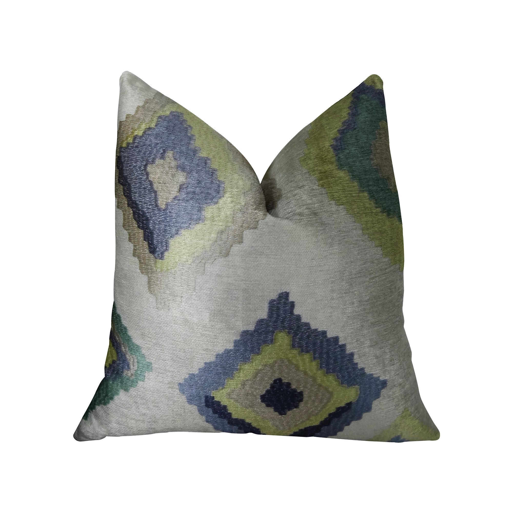 A luxurious handmade pillow featuring a white, navy, and lime design, crafted from 100% linen with a double-sided pattern and invisible zipper.