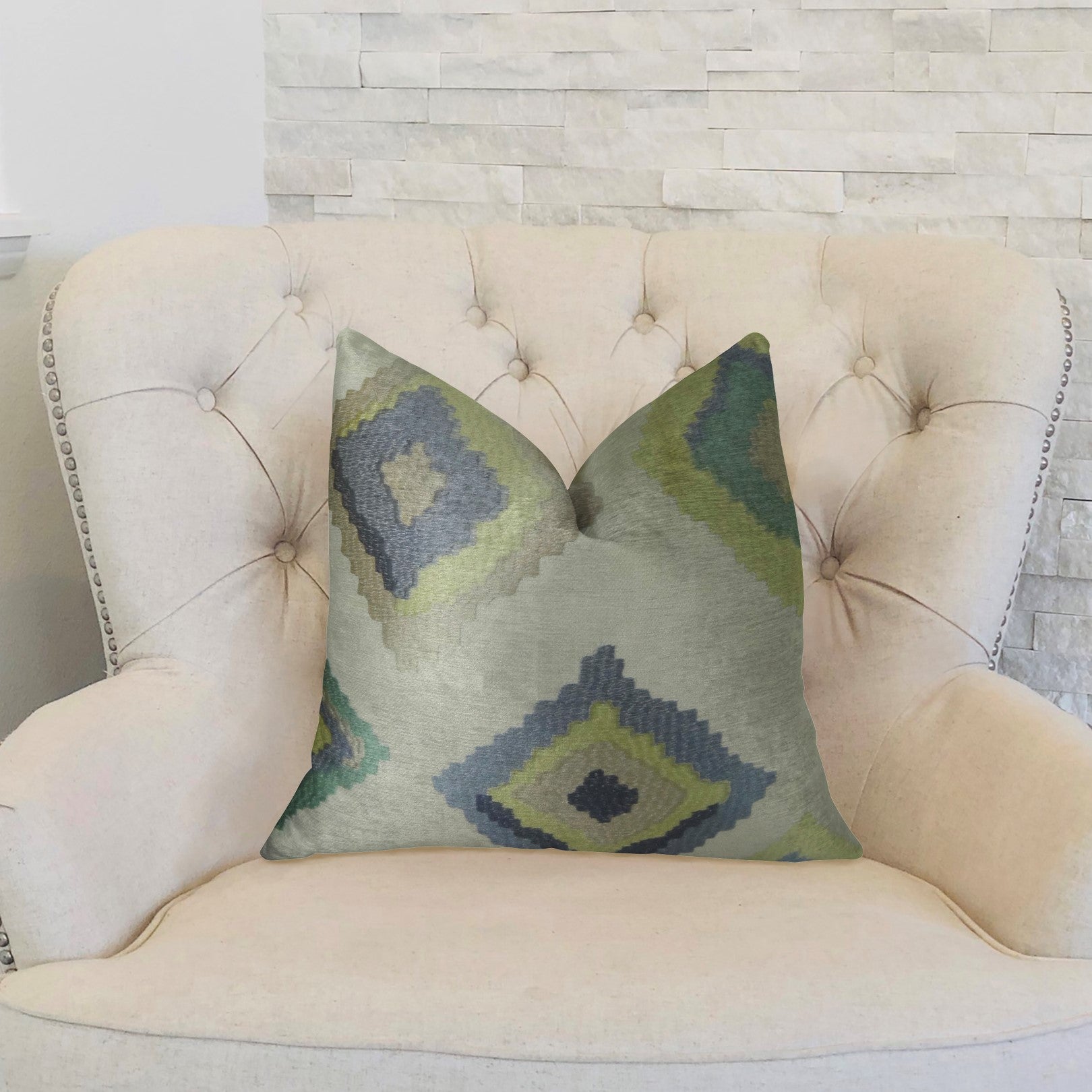 A luxurious handmade pillow featuring a white, navy, and lime design, crafted from 100% linen with a double-sided pattern and invisible zipper.