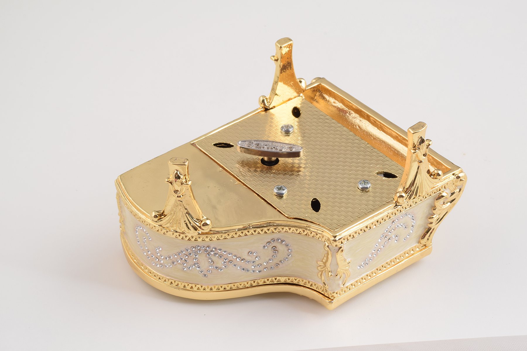 Elegant White Piano trinket box with Austrian crystals and gold plating, handcrafted by Keren Kopal.