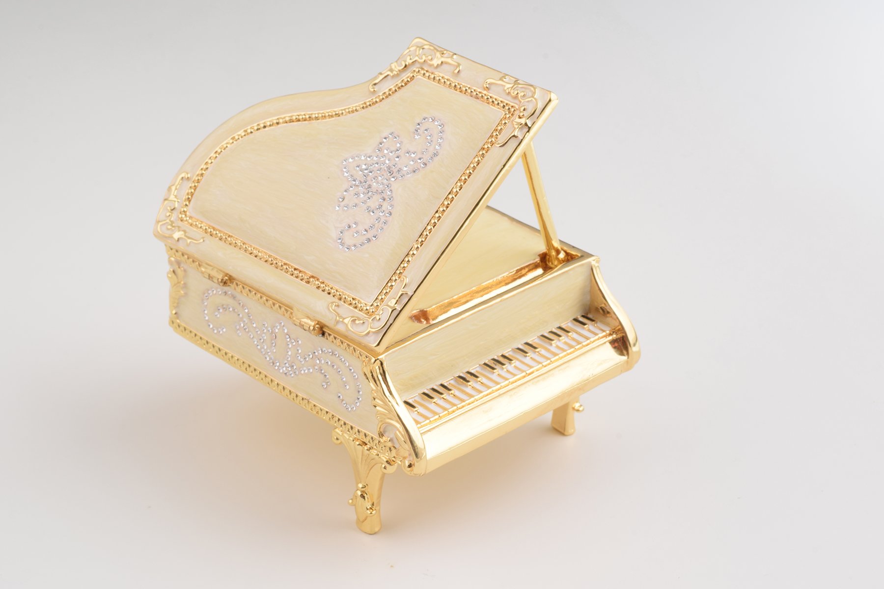 Elegant White Piano trinket box with Austrian crystals and gold plating, handcrafted by Keren Kopal.