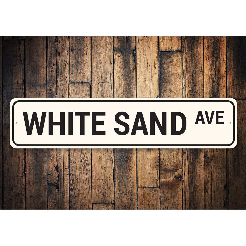 White Sand Avenue Sign made of high-quality aluminum, featuring customizable text and pre-drilled holes for easy mounting.