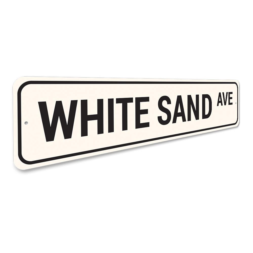 White Sand Avenue Sign made of high-quality aluminum, featuring customizable text and pre-drilled holes for easy mounting.