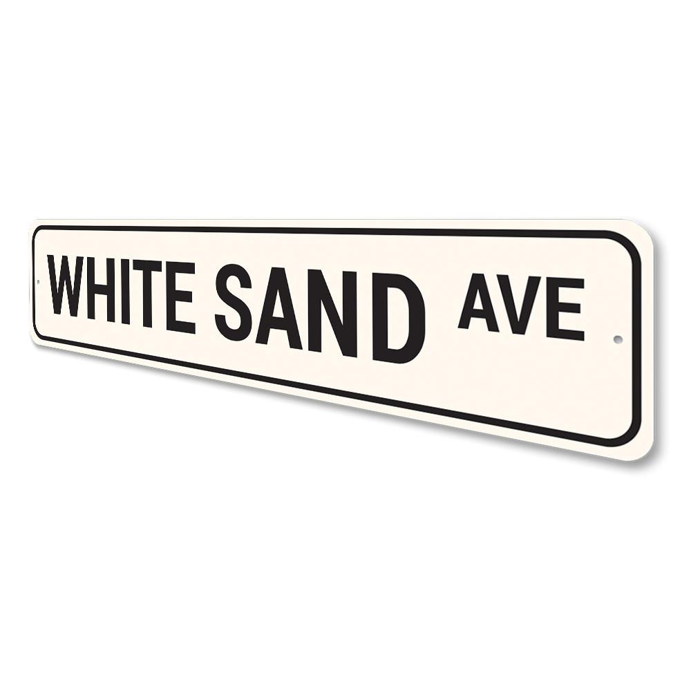 White Sand Avenue Sign made of high-quality aluminum, featuring customizable text and pre-drilled holes for easy mounting.