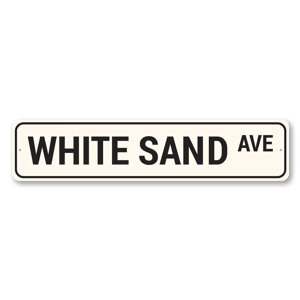 White Sand Avenue Sign made of high-quality aluminum, featuring customizable text and pre-drilled holes for easy mounting.