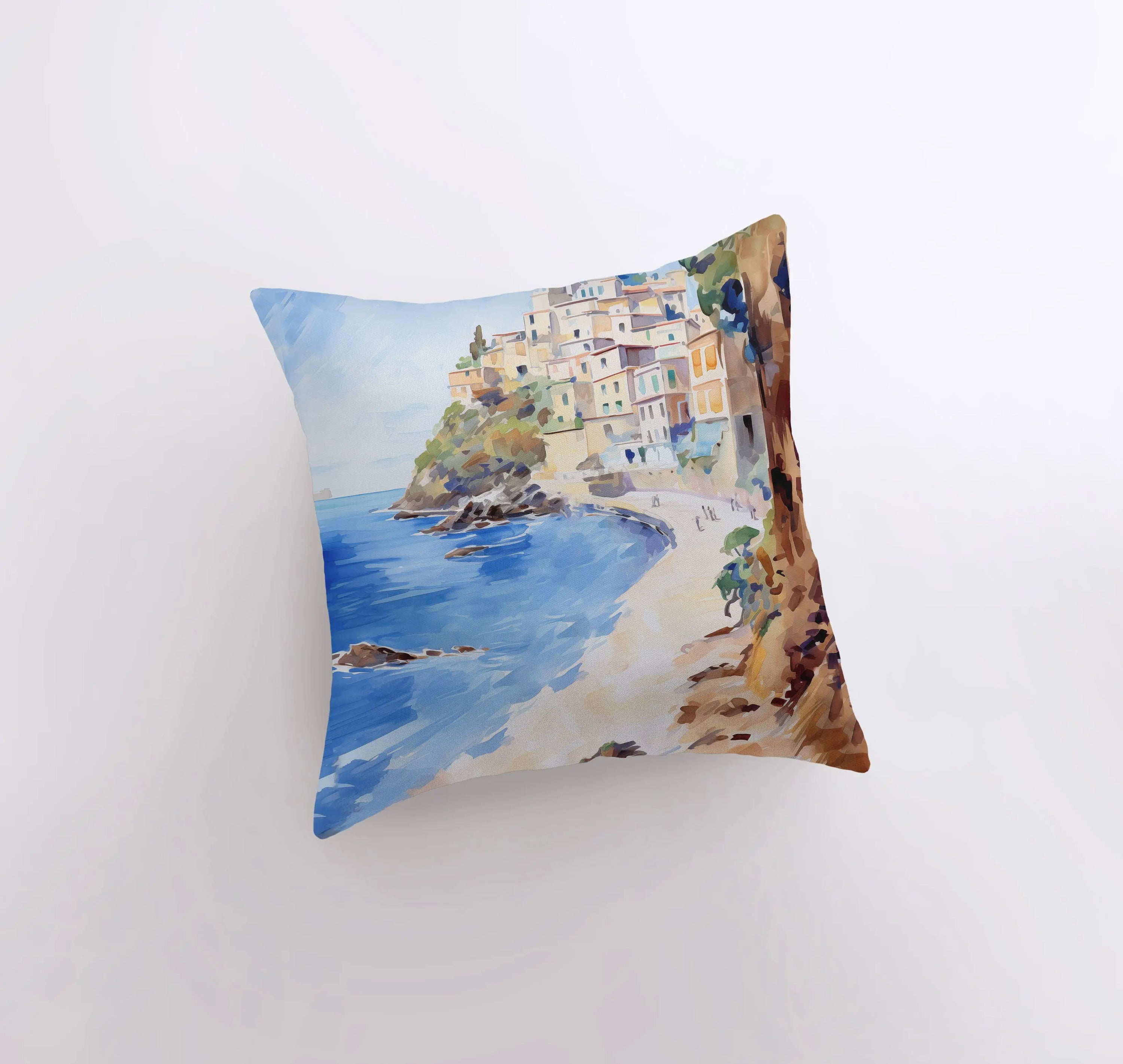 A beautifully crafted throw pillow featuring a white sandy beach and coastal city design, perfect for home decor.