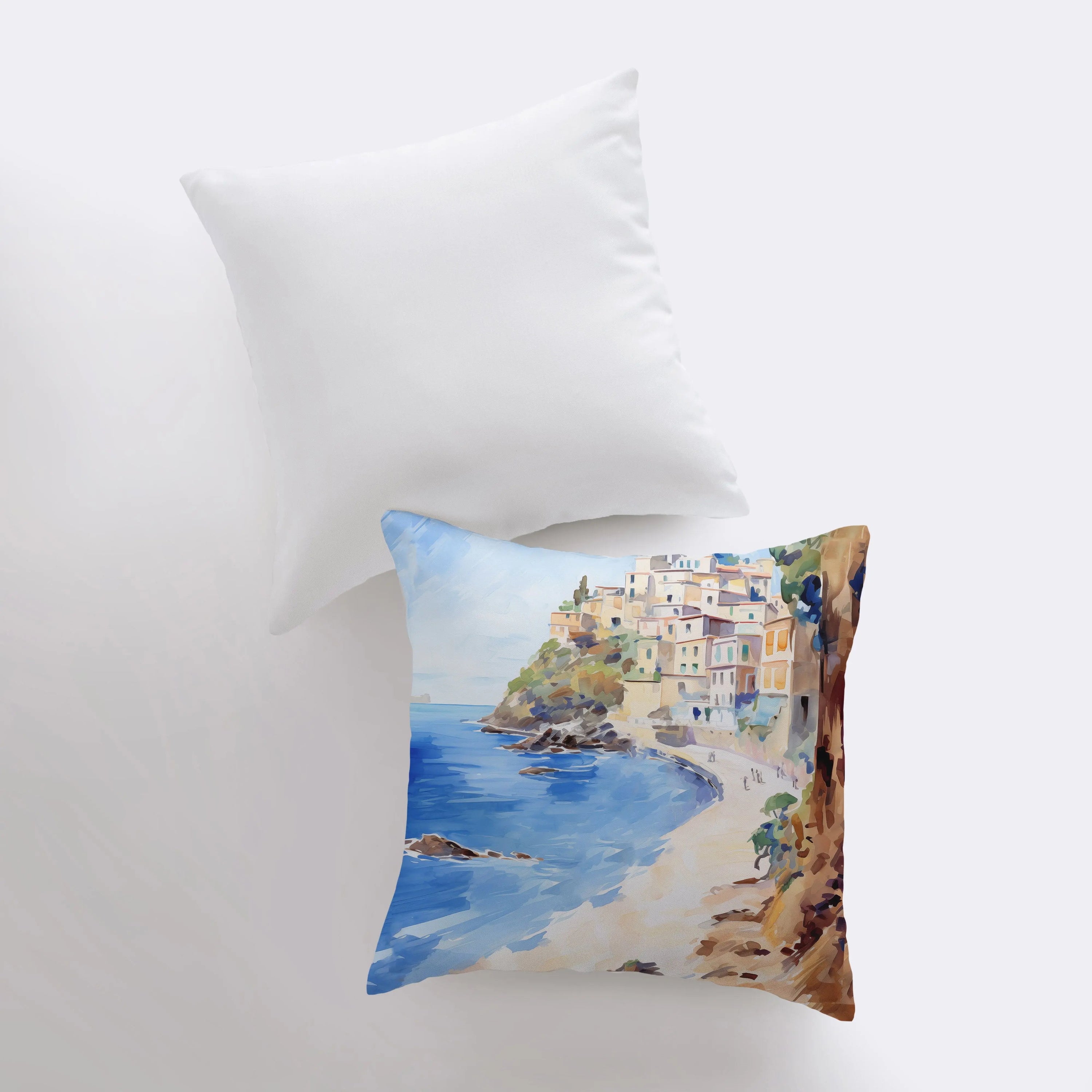 A beautifully crafted throw pillow featuring a white sandy beach and coastal city design, perfect for home decor.