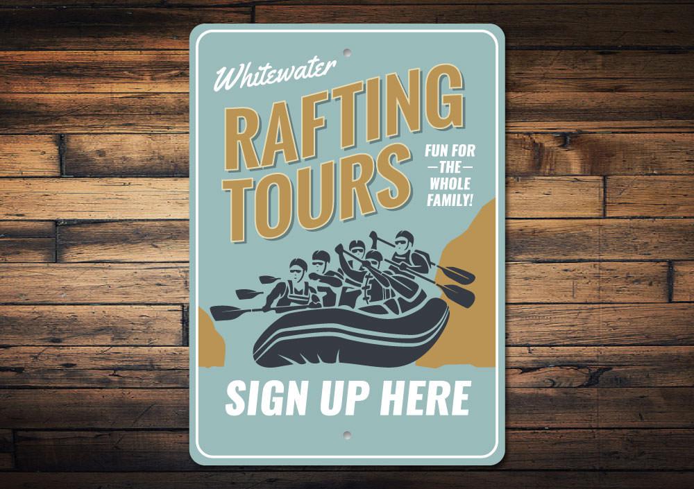 A decorative Whitewater Rafting Sign made of high-quality aluminum, featuring vibrant colors and a unique design, perfect for home decor.