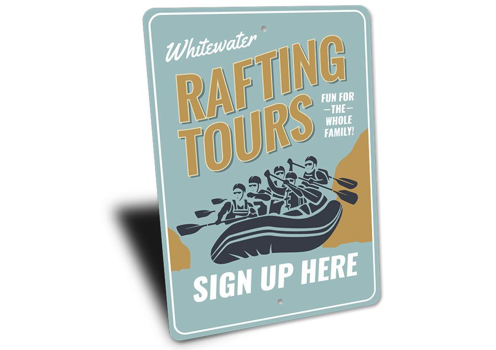 A decorative Whitewater Rafting Sign made of high-quality aluminum, featuring vibrant colors and a unique design, perfect for home decor.