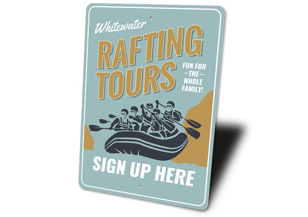 A decorative Whitewater Rafting Sign made of high-quality aluminum, featuring vibrant colors and a unique design, perfect for home decor.