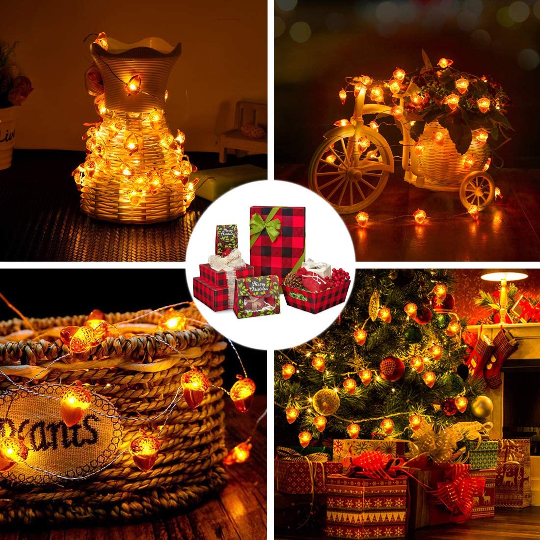 A string of battery-powered acorn-shaped LED lights, perfect for Thanksgiving and autumn decorations, showcasing a warm glow against a cozy backdrop.