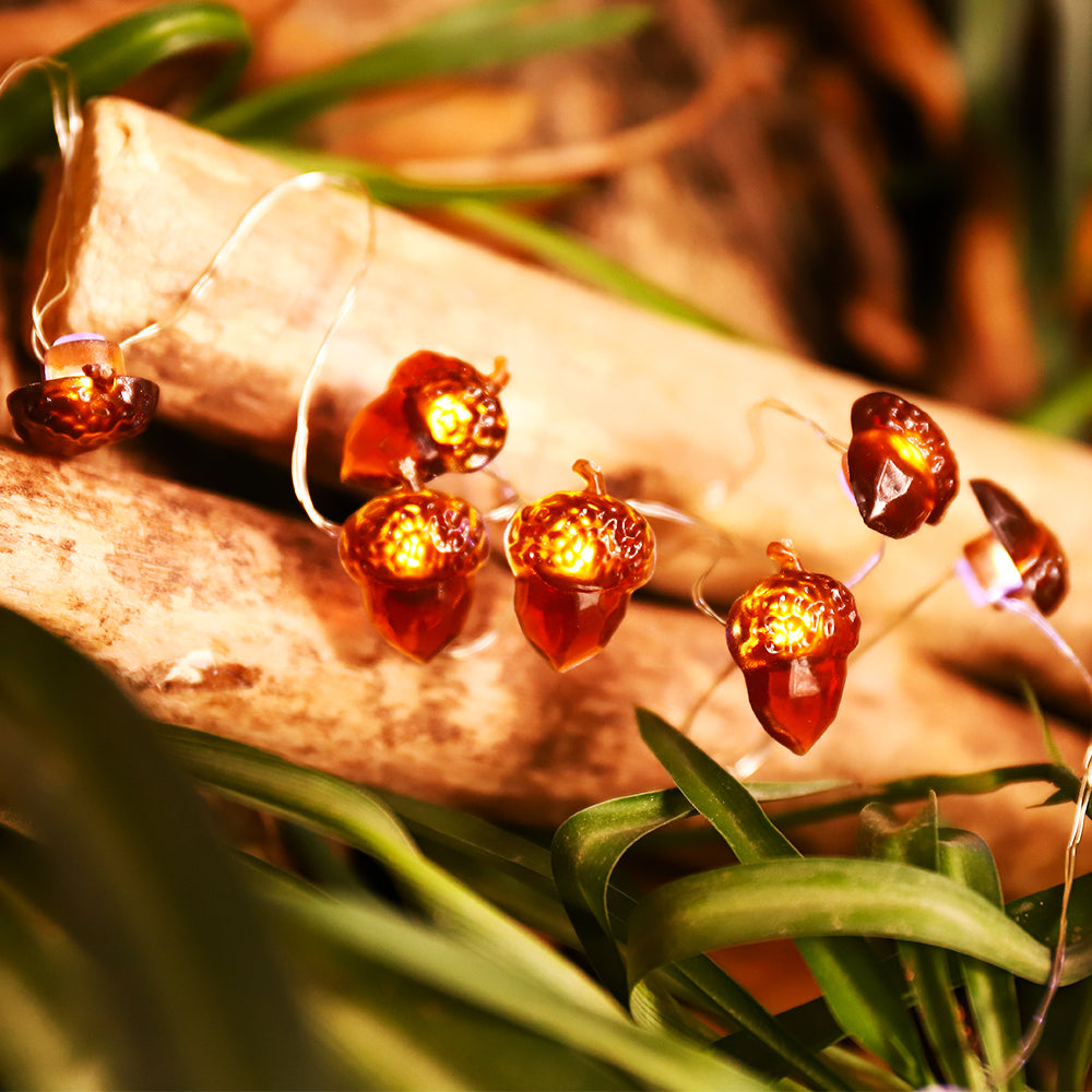 A string of battery-powered acorn-shaped LED lights, perfect for Thanksgiving and autumn decorations, showcasing a warm glow against a cozy backdrop.