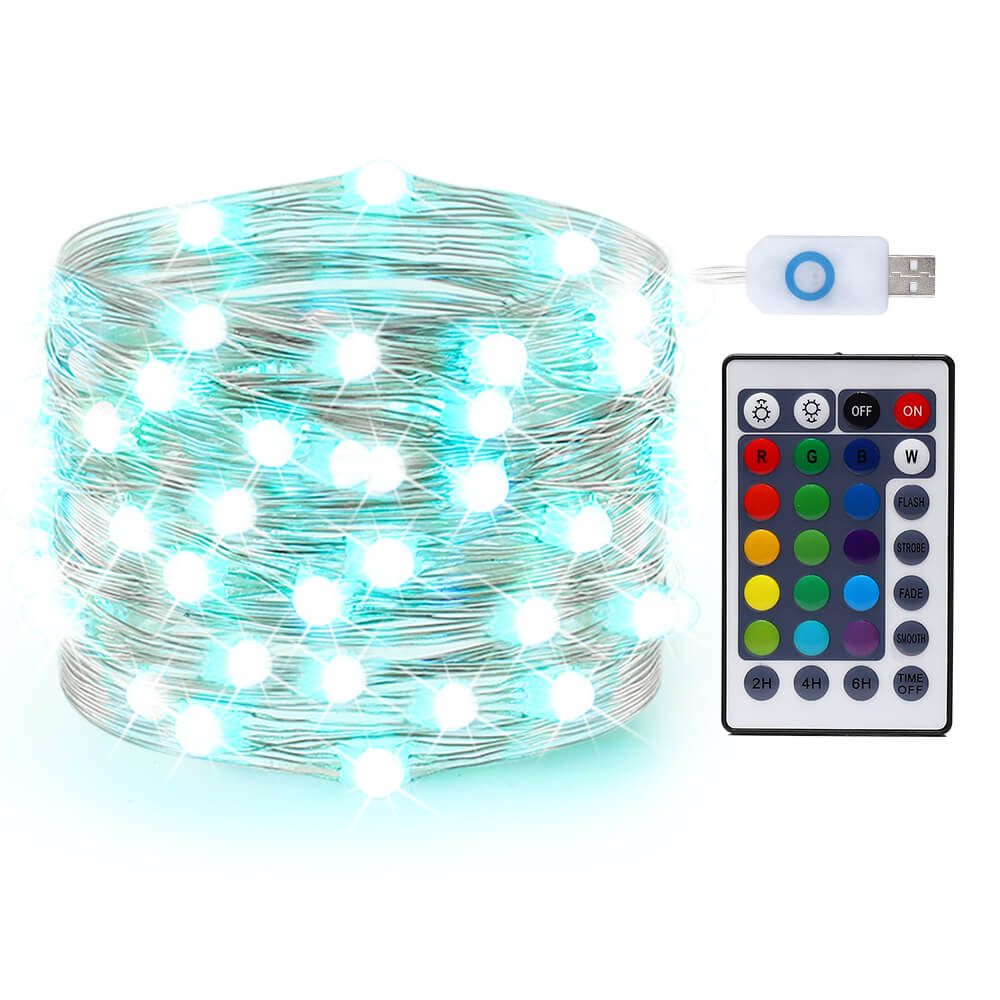 Colorful RGB fairy string lights with IR remote, perfect for home decor and events.