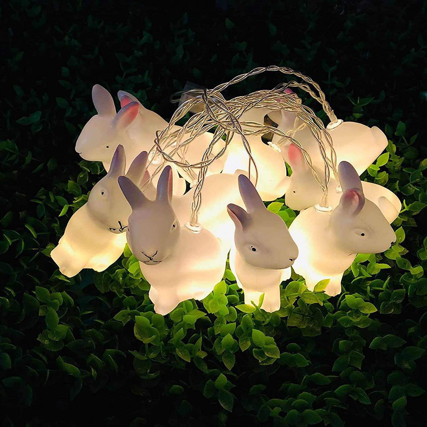 A string of 20 warm white LED bunny lights on a transparent wire, perfect for festive decorations.