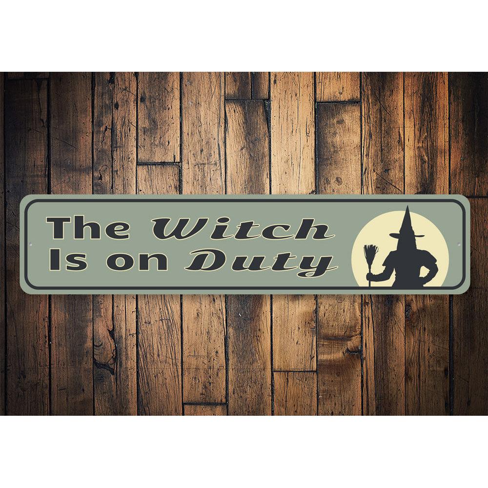 Wicked Witch Sign featuring spooky design, made of durable aluminum, perfect for Halloween decor.