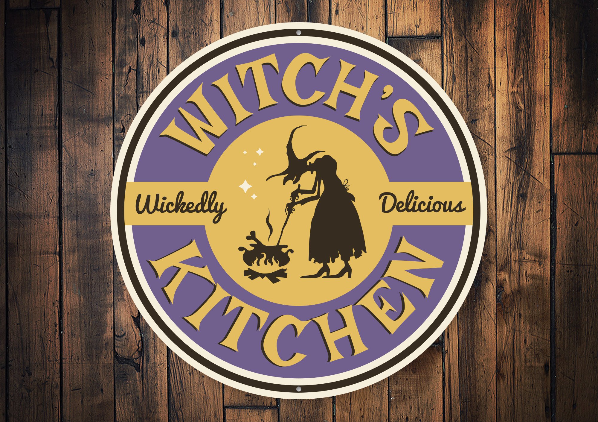 Wickedly Delicious Witch's Kitchen Sign made of quality aluminum, featuring a whimsical design perfect for kitchen decor.