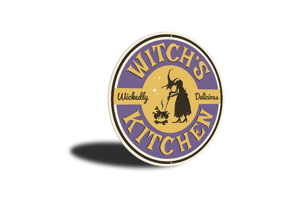 Wickedly Delicious Witch's Kitchen Sign made of quality aluminum, featuring a whimsical design perfect for kitchen decor.