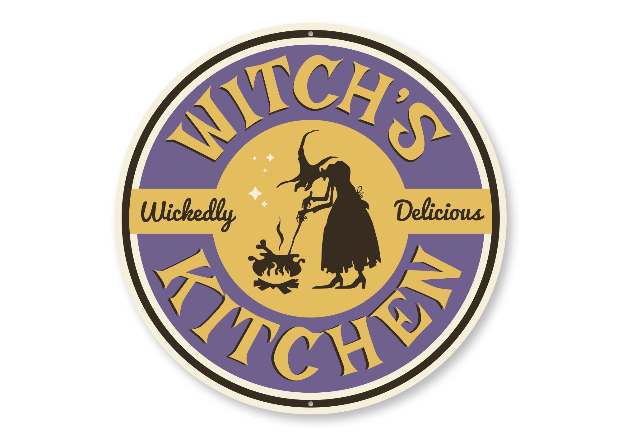 Wickedly Delicious Witch's Kitchen Sign made of quality aluminum, featuring a whimsical design perfect for kitchen decor.