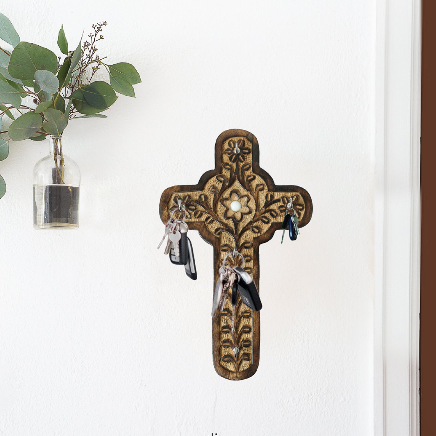 WILLART Cross Design Wall Key Holder made of solid mango wood with five key hooks, showcasing intricate craftsmanship and a vintage look.