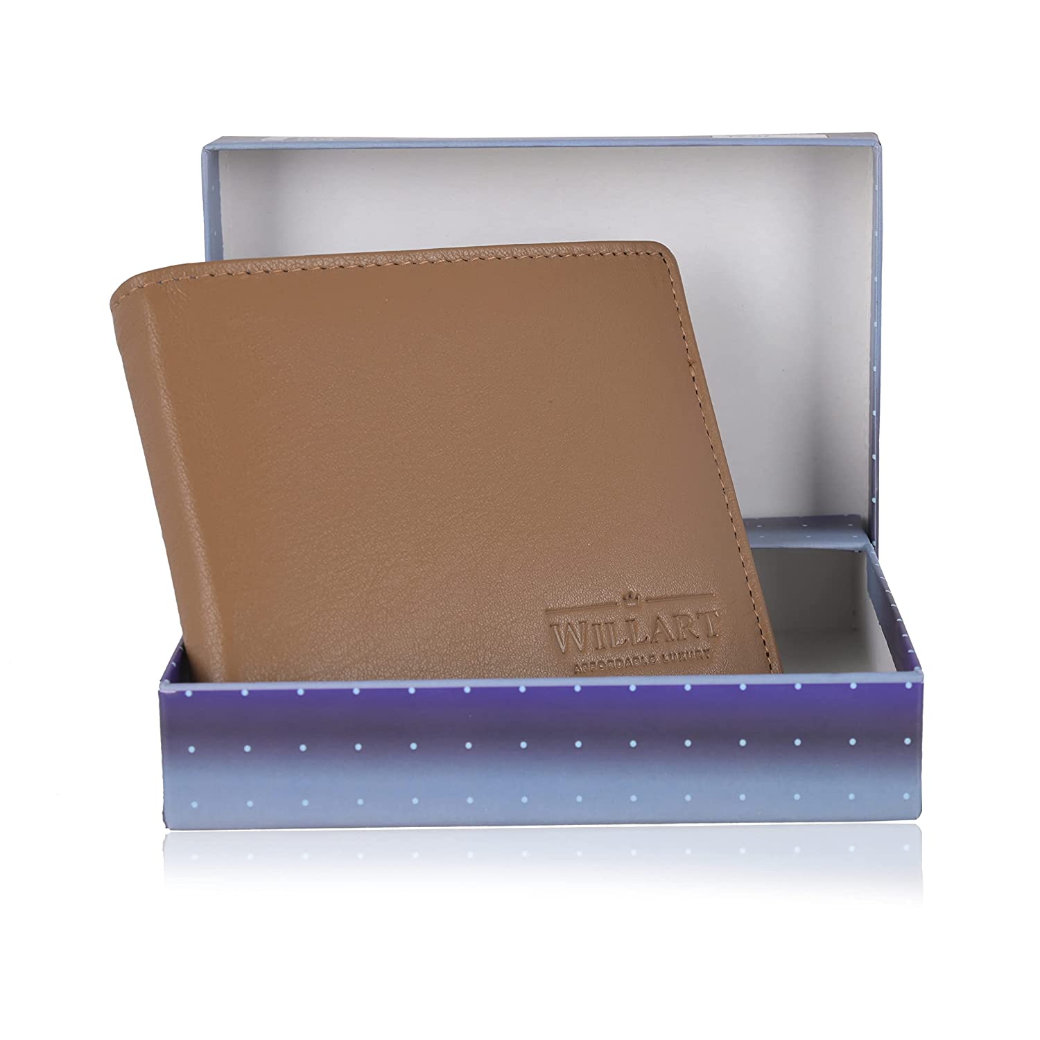 Willart Mens RFID Bifold Wallet made of genuine beige leather, featuring multiple card slots and RFID blocking technology.