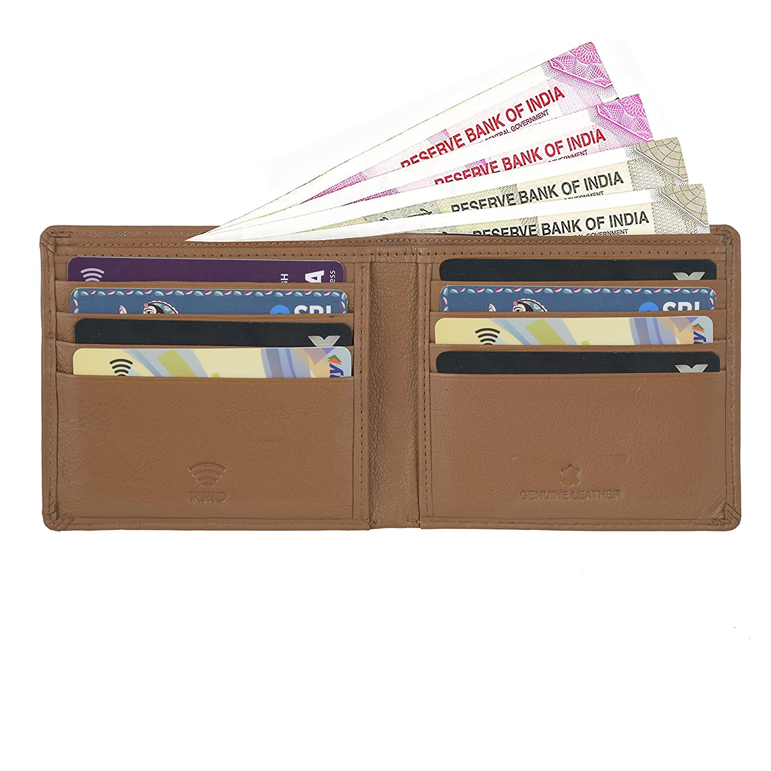 Willart Mens RFID Bifold Wallet made of genuine beige leather, featuring multiple card slots and RFID blocking technology.