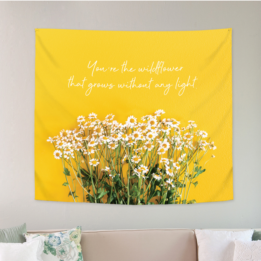 Wild Aster fabric poster measuring 150cm x 130cm, featuring a modern design with vibrant colors and patterns.