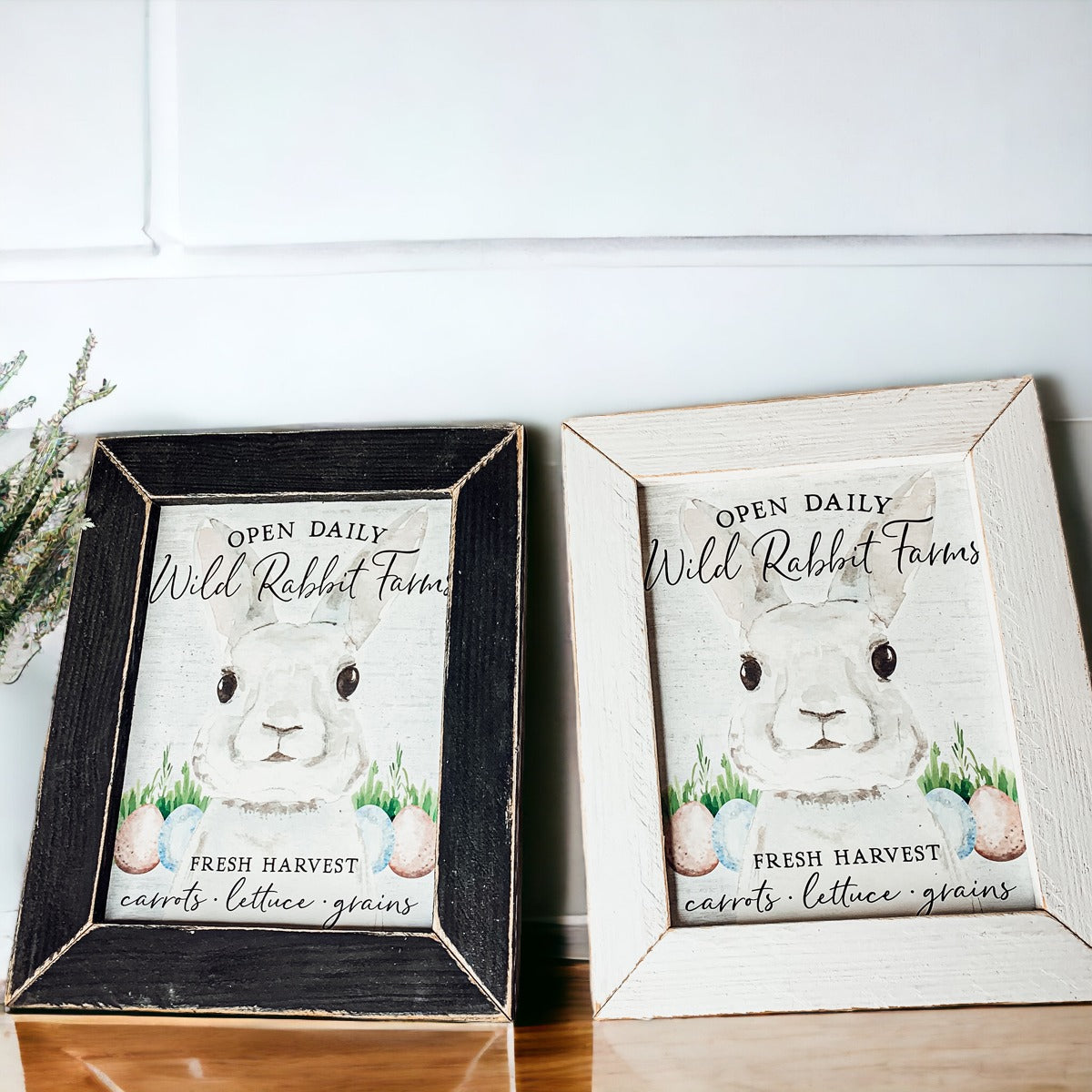 Wild Rabbit Farms Easter sign featuring a rustic design with pastel eggs and a hand-painted wooden frame.