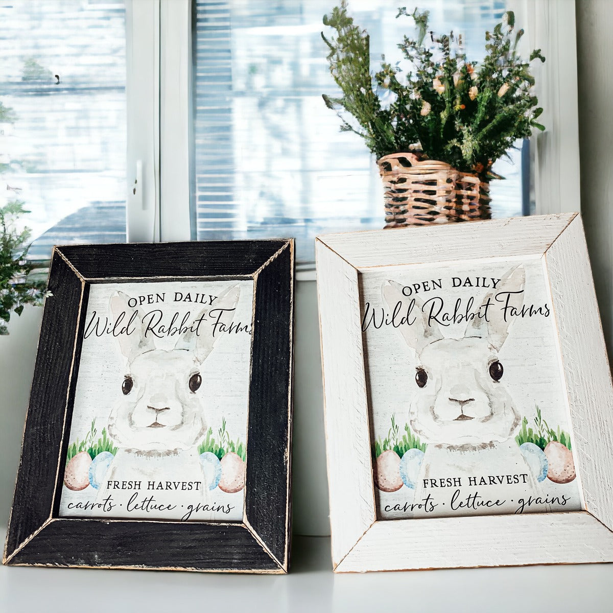 Wild Rabbit Farms Easter sign featuring a rustic design with pastel eggs and a hand-painted wooden frame.