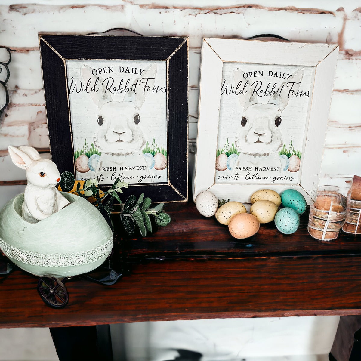 Wild Rabbit Farms Easter sign featuring a rustic design with pastel eggs and a hand-painted wooden frame.