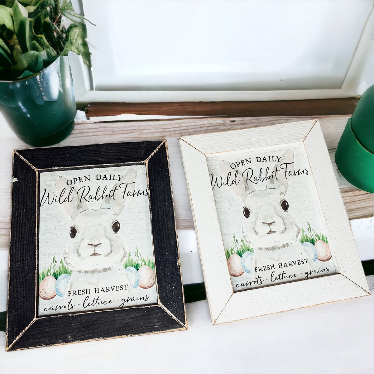 Wild Rabbit Farms Easter sign featuring a rustic design with pastel eggs and a hand-painted wooden frame.