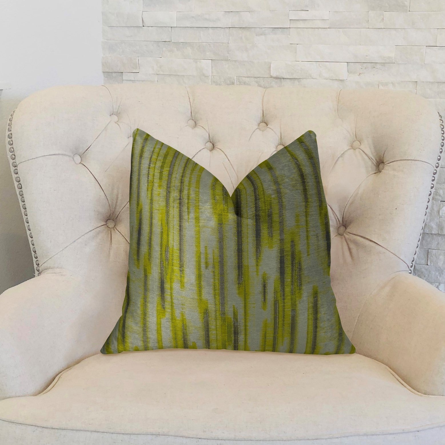 Wild Sage Green Gray and Cream Handmade Luxury Pillow featuring geometric pattern and invisible zipper enclosure.