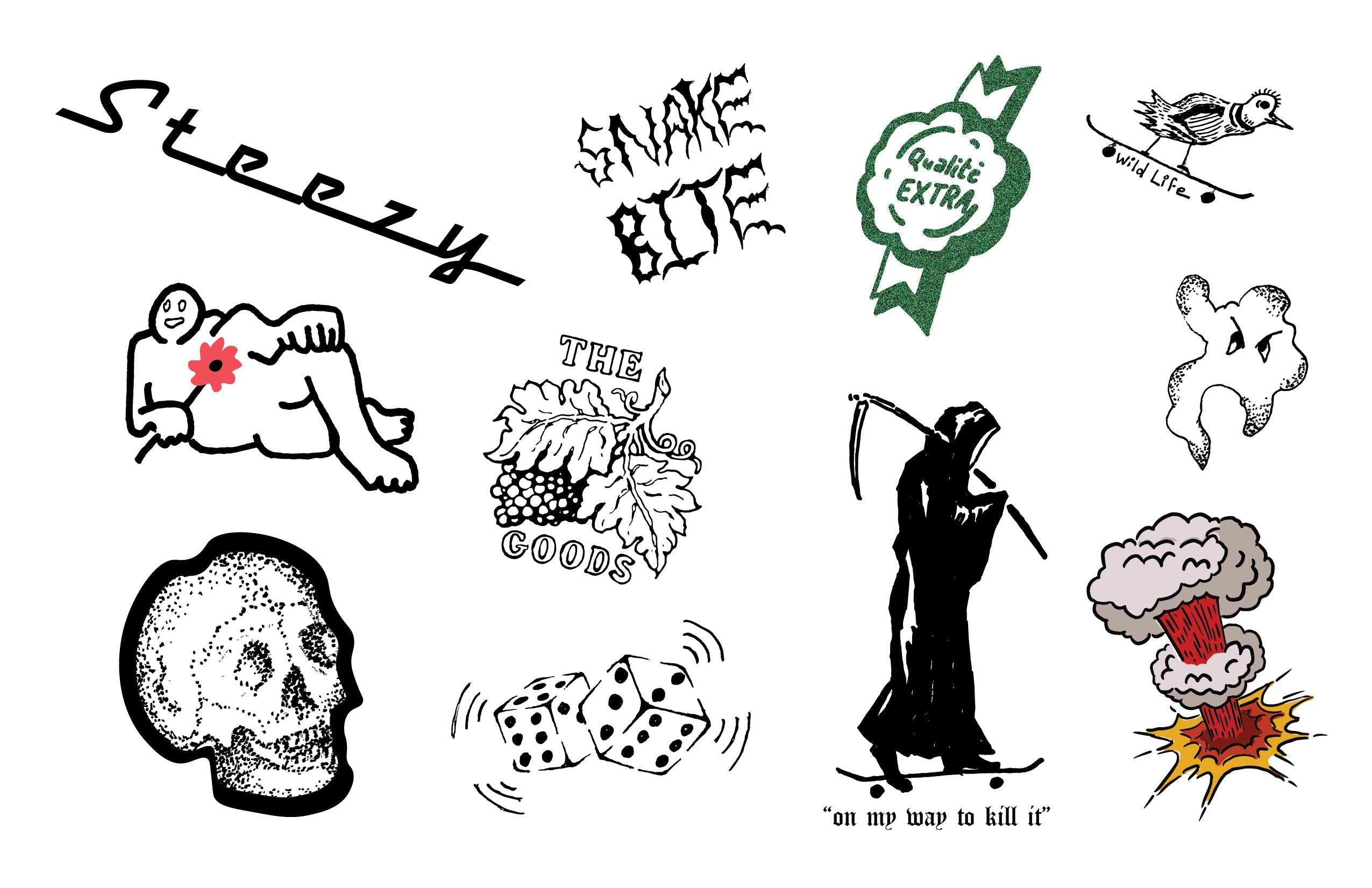 A vibrant collection of Wild Skate Mirror Stickers on a vinyl sheet, showcasing various skate-inspired designs.