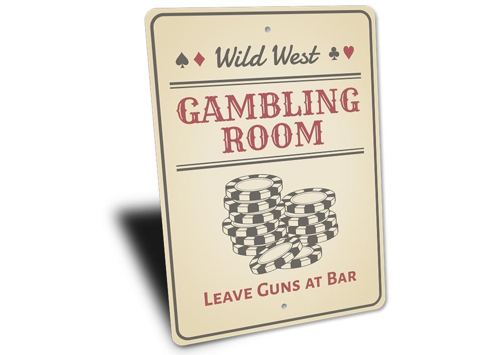 Wild West Gambling Room Sign made of high-quality aluminum, featuring a rustic design perfect for game rooms and man caves.