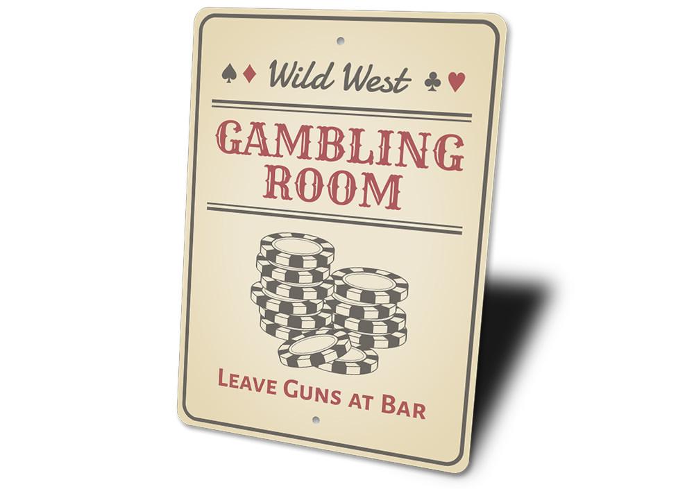 Wild West Gambling Room Sign made of high-quality aluminum, featuring a rustic design perfect for game rooms and man caves.