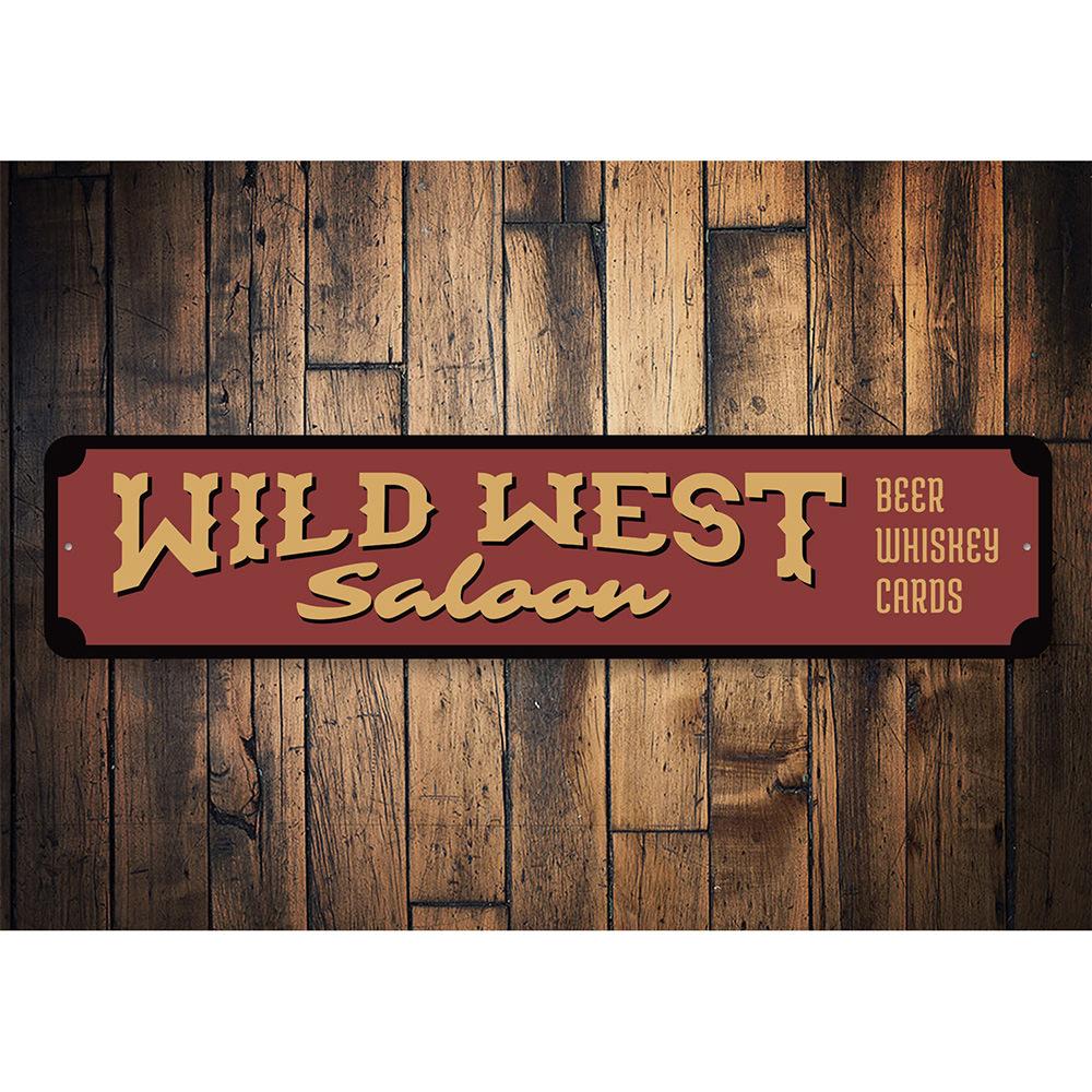 Wild West Saloon Sign made of high-quality aluminum, featuring rustic design elements suitable for barns and kitchens.