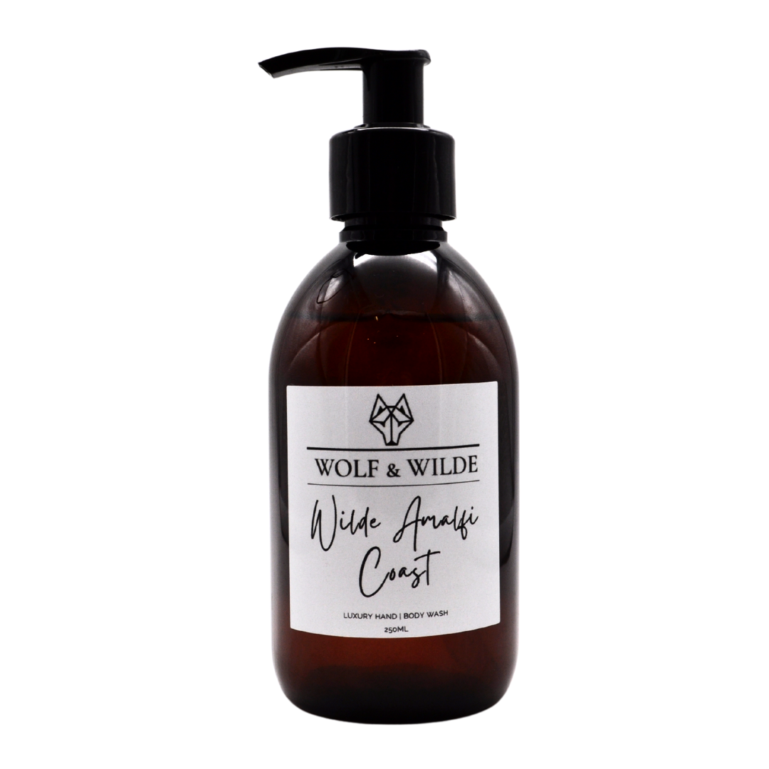 Wilde Amalfi Coast Luxury 2 In 1 Liquid Soap in a recyclable amber bottle, showcasing its elegant design and fresh citrus fragrance.